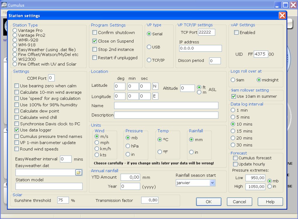 Écran de configuration de Cumulus